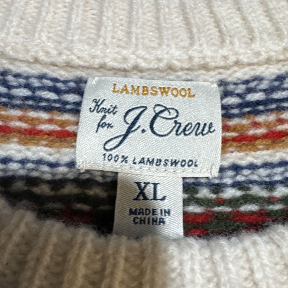 J Crew Sweater Men's XL Beige 100% Lambswool‎ Fair Isle Yoked Crewneck Pullover - Picture 8 of 13